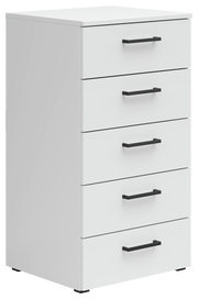 Weiße Kommode mit fünf Schubladen und schwarzen Griffen, seitliche Perspektive