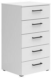 Weiße Kommode mit fünf Schubladen und schwarzen Griffen, seitliche Perspektive