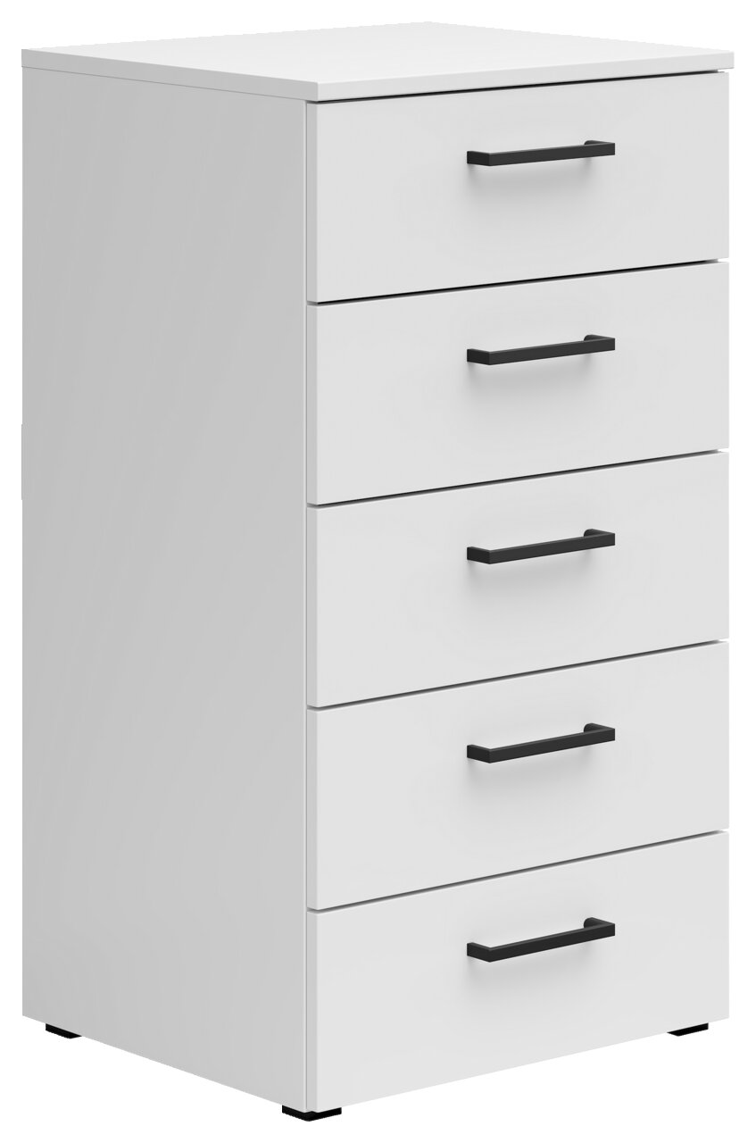 Weiße Kommode mit fünf Schubladen und schwarzen Griffen, seitliche Perspektive