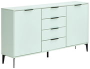 Modernes Sideboard in hellem Mintgrün mit schwarzen Griffen und Beinen, seitliche Perspektive