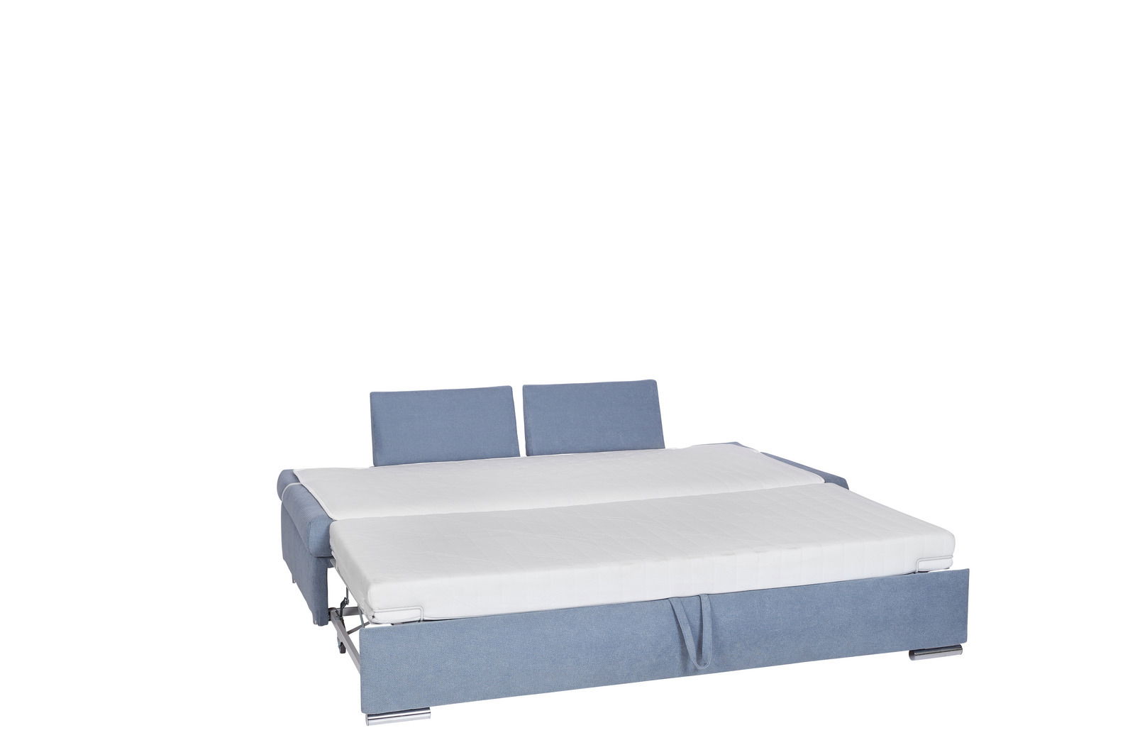 Blaues Schlafsofa in ausgeklappter Position, Vorderansicht