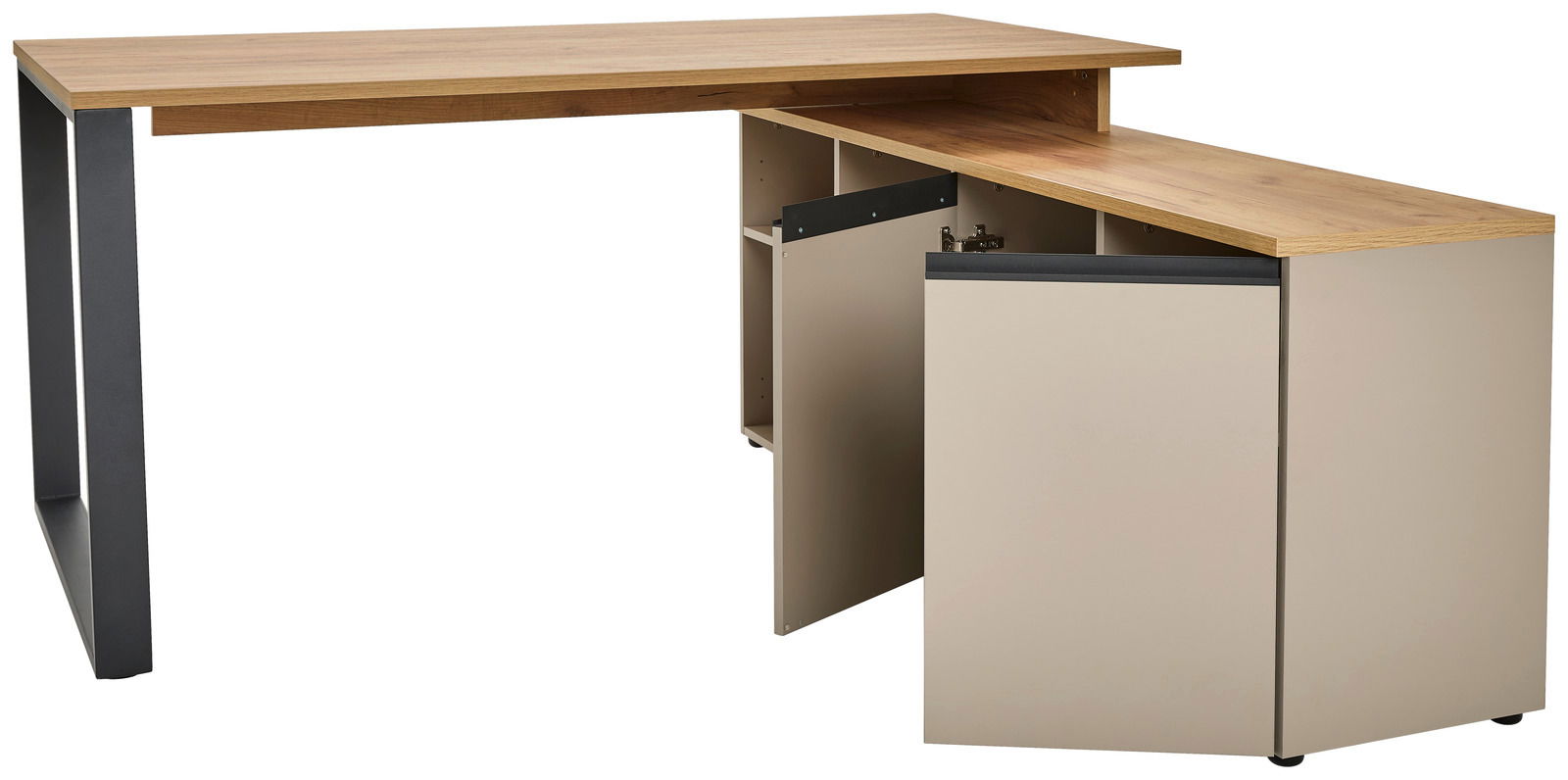 Moderner Winkelschreibtisch mit Holzoberfläche und Metallbeinen, seitliche Perspektive