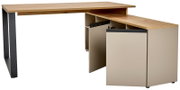 Modern hoekbureau met houten blad en metalen poten, zijaanzicht