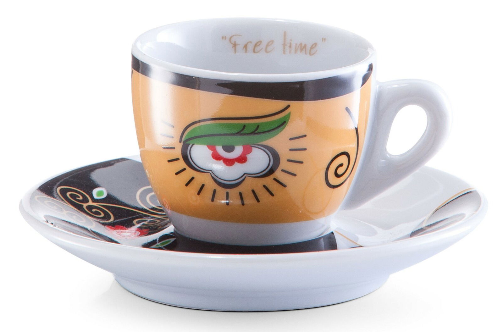 Espresso-Tasse mit Untertasse im Design 'Magic Eyes', seitliche Perspektive