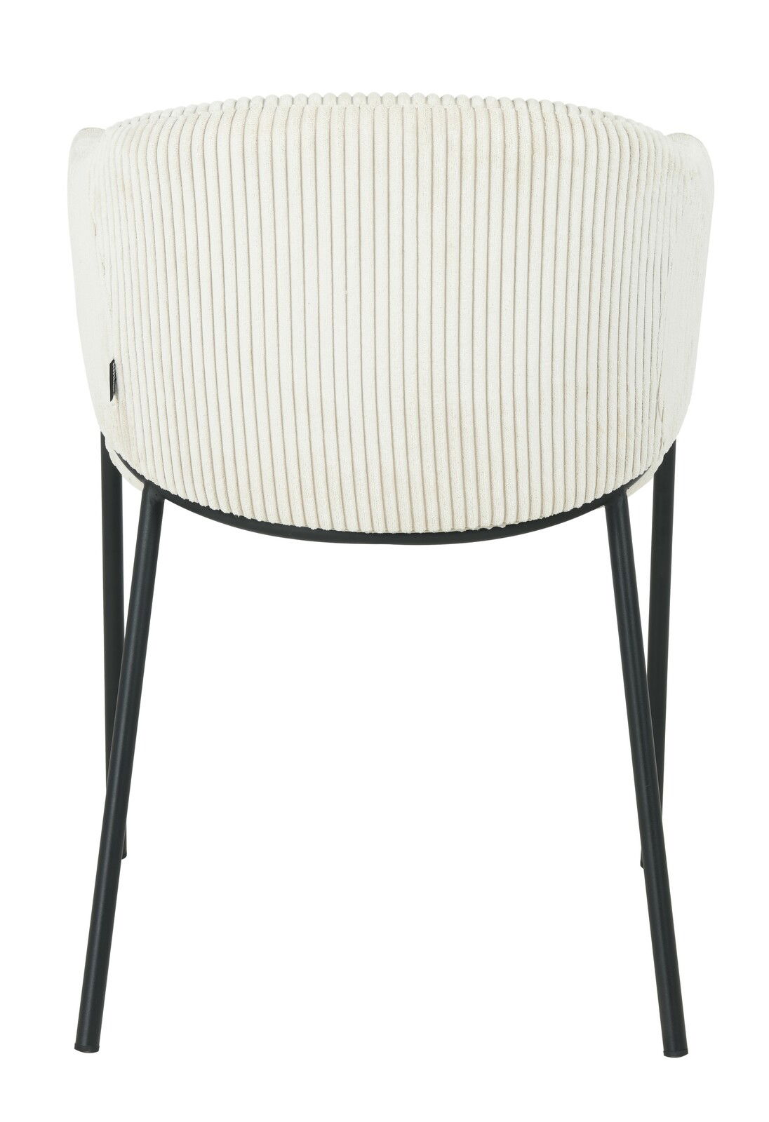 Rückansicht eines Armlehnstuhls mit cremefarbenem, geripptem Stoffbezug und schwarzen Metallbeinen.