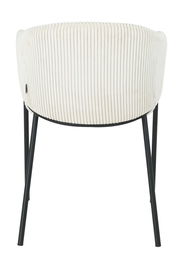 Rückansicht eines Armlehnstuhls mit cremefarbenem, geripptem Stoffbezug und schwarzen Metallbeinen.