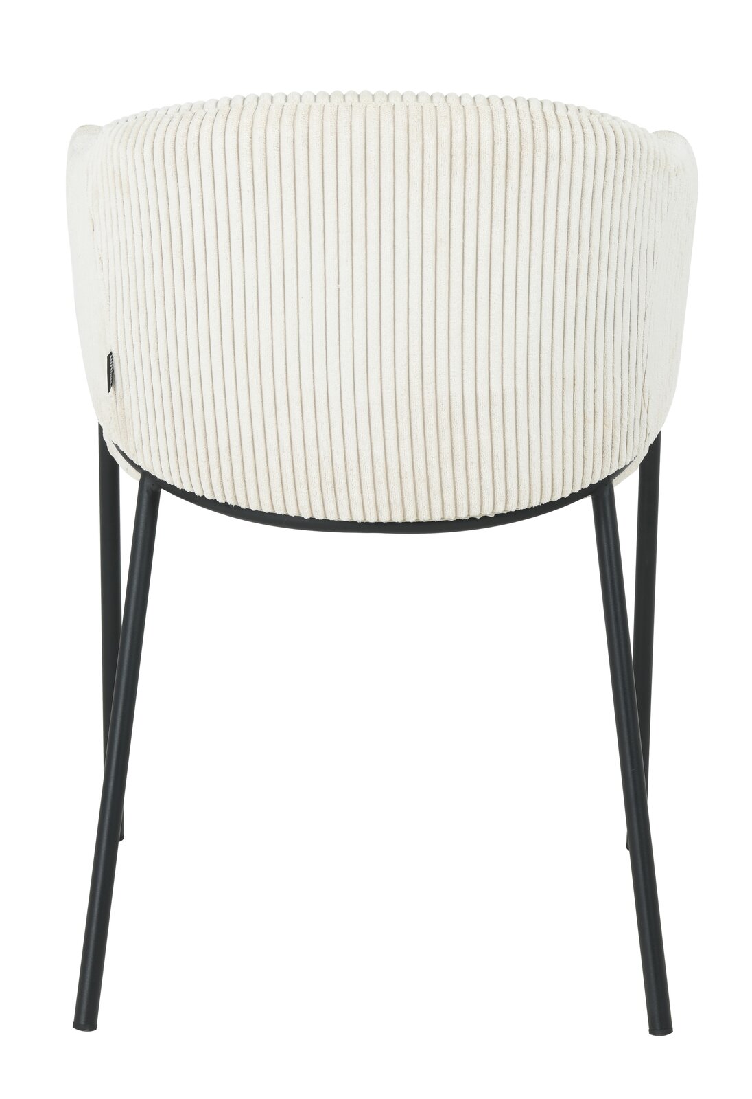 Rückansicht eines Armlehnstuhls mit cremefarbenem, geripptem Stoffbezug und schwarzen Metallbeinen.