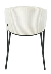 Rückansicht eines Armlehnstuhls mit cremefarbenem, geripptem Stoffbezug und schwarzen Metallbeinen.