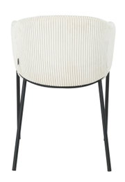 Achterkant van een fauteuil met crèmekleurige, geribbelde stoffen bekleding en zwarte metalen poten.