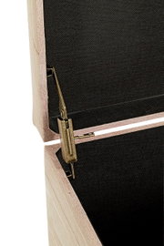 Detailaufnahme aus seitlicher Nahansicht: geöffneter Holzkoffer/Holzbox mit schwarzer Innenauskleidung und antikfarbenem Metallverschluss.