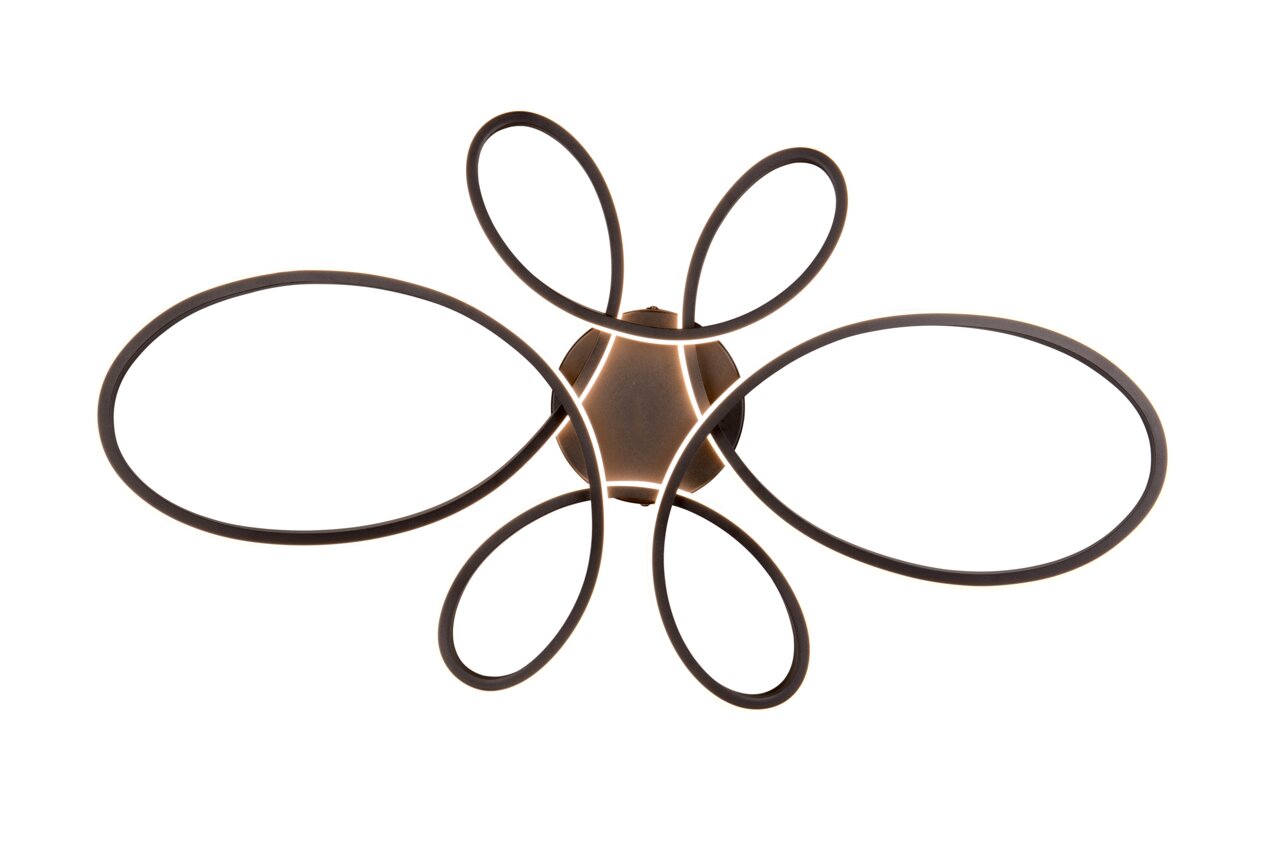 Moderne plafondlamp FLY met gebogen metalen ringen, gezien van onderaf