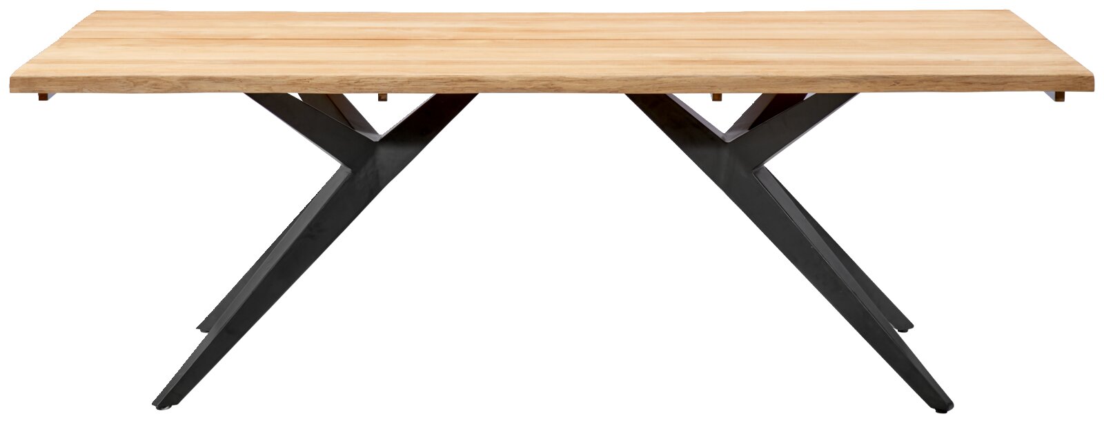 Moderner Esstisch mit Holzplatte und schwarzen Metallbeinen, seitliche Perspektive