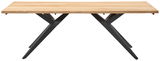 Moderner Esstisch mit Holzplatte und schwarzen Metallbeinen, seitliche Perspektive