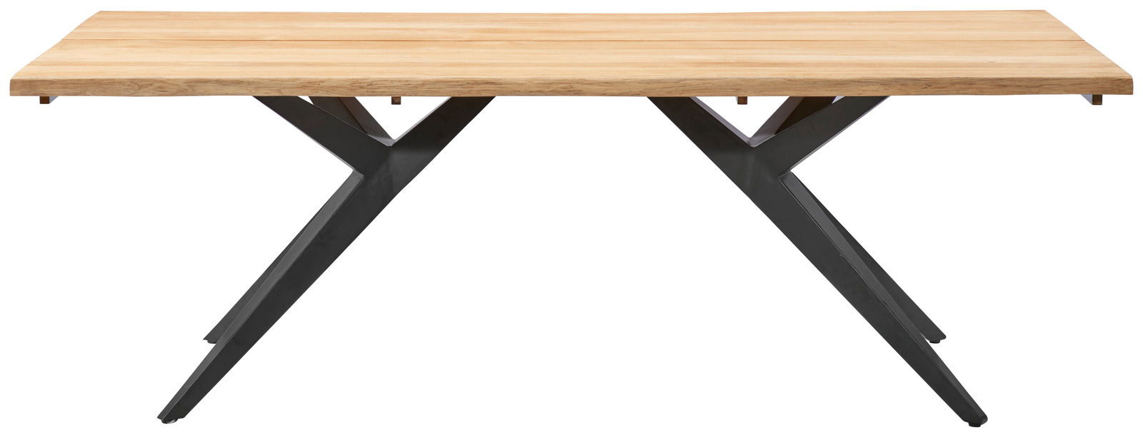 Moderner Esstisch mit Holzplatte und schwarzen Metallbeinen, seitliche Perspektive