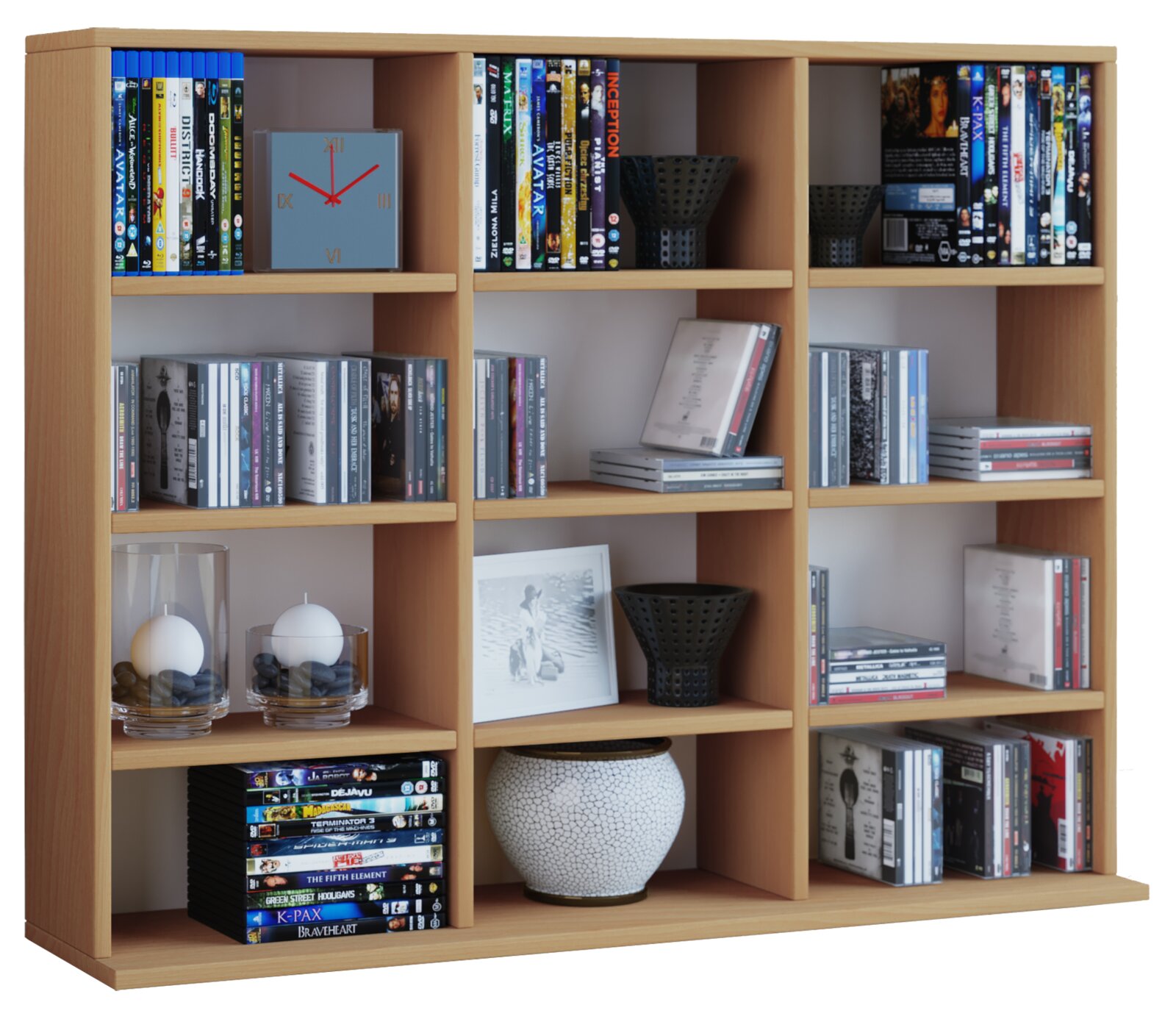 VCM Sammelregal MEGOSA Frontale Ansicht eines offenen, hellen Holzregals mit mehreren Fächern, gefüllt mit DVDs/CDs und dekorativen Accessoires wie Uhr, Kerzen und Vasen.