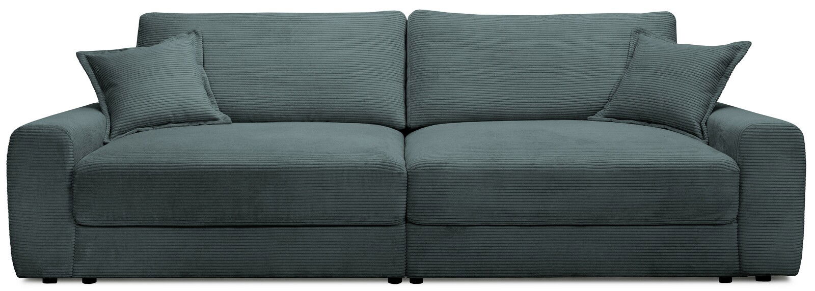 Großes, modernes Sofa in dunkelgrauem Stoff mit zwei passenden Kissen, Frontalansicht