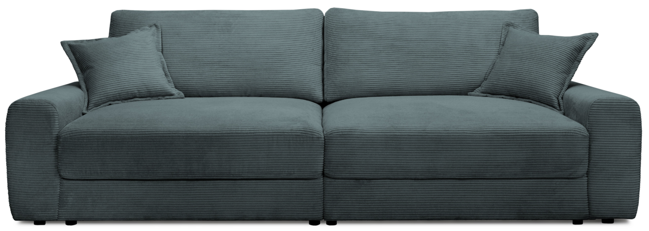 Großes, modernes Sofa in dunkelgrauem Stoff mit zwei passenden Kissen, Frontalansicht