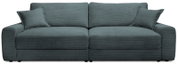 Großes, modernes Sofa in dunkelgrauem Stoff mit zwei passenden Kissen, Frontalansicht