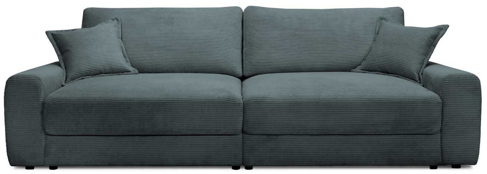 Großes, modernes Sofa in dunkelgrauem Stoff mit zwei passenden Kissen, Frontalansicht