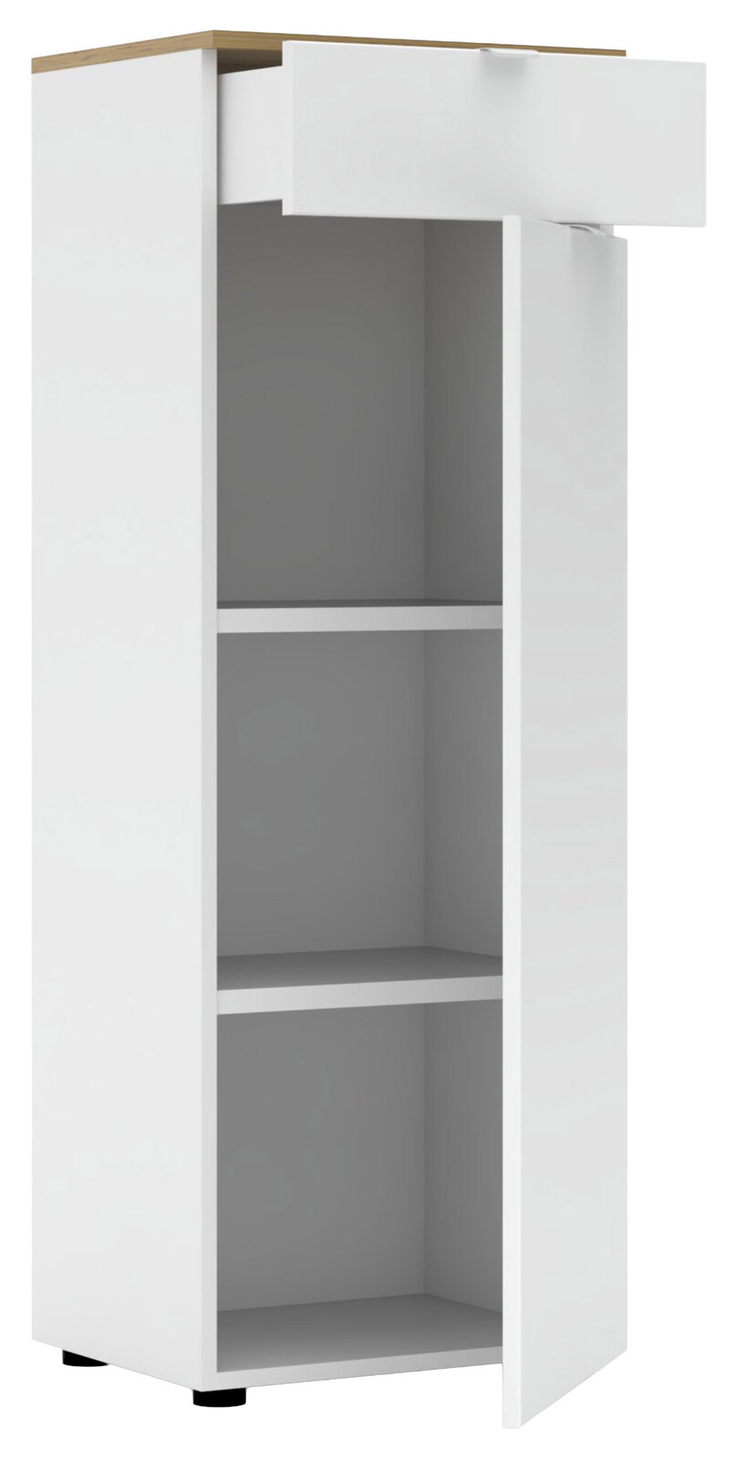 Weißer Büroschrank mit einer offenen Schublade und einer geöffneten Tür, aus der Perspektive von vorne links.