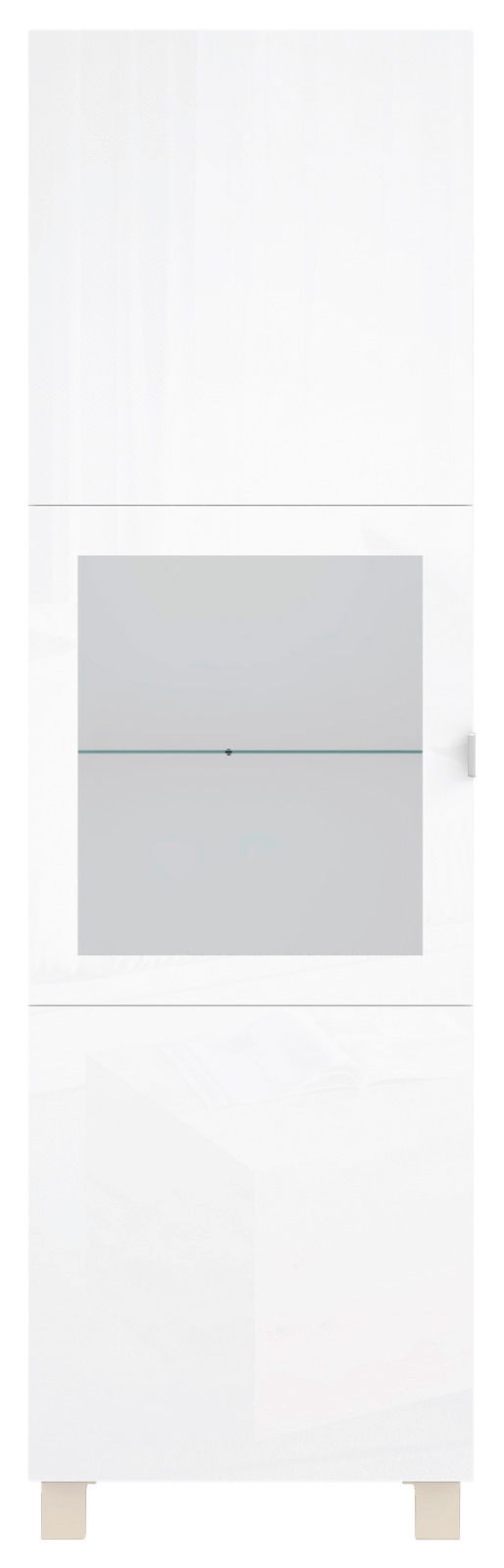Weiße Vitrine mit Glaselementen, frontal fotografiert