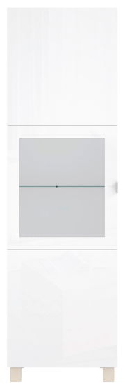 Weiße Vitrine mit Glaselementen, frontal fotografiert