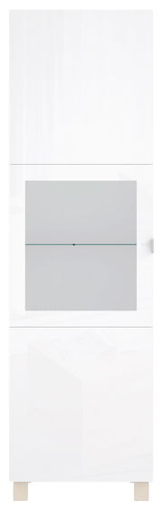 Weiße Vitrine mit Glaselementen, frontal fotografiert