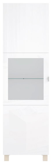 Weiße Vitrine mit Glaselementen, frontal fotografiert