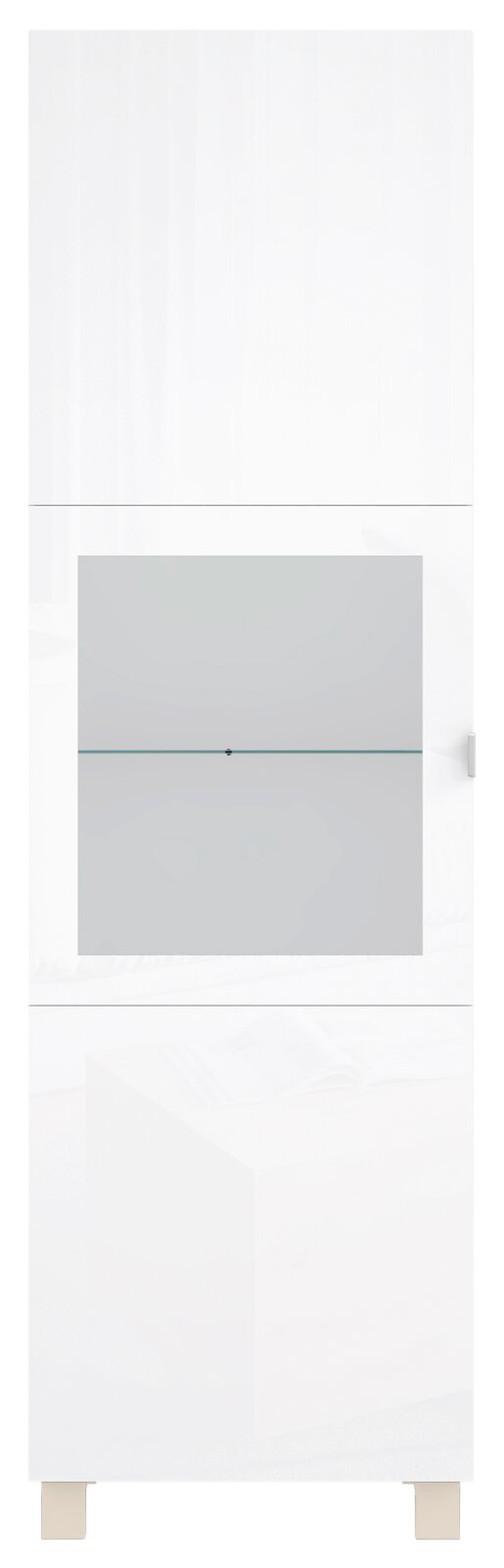 Weiße Vitrine mit Glaselementen, frontal fotografiert