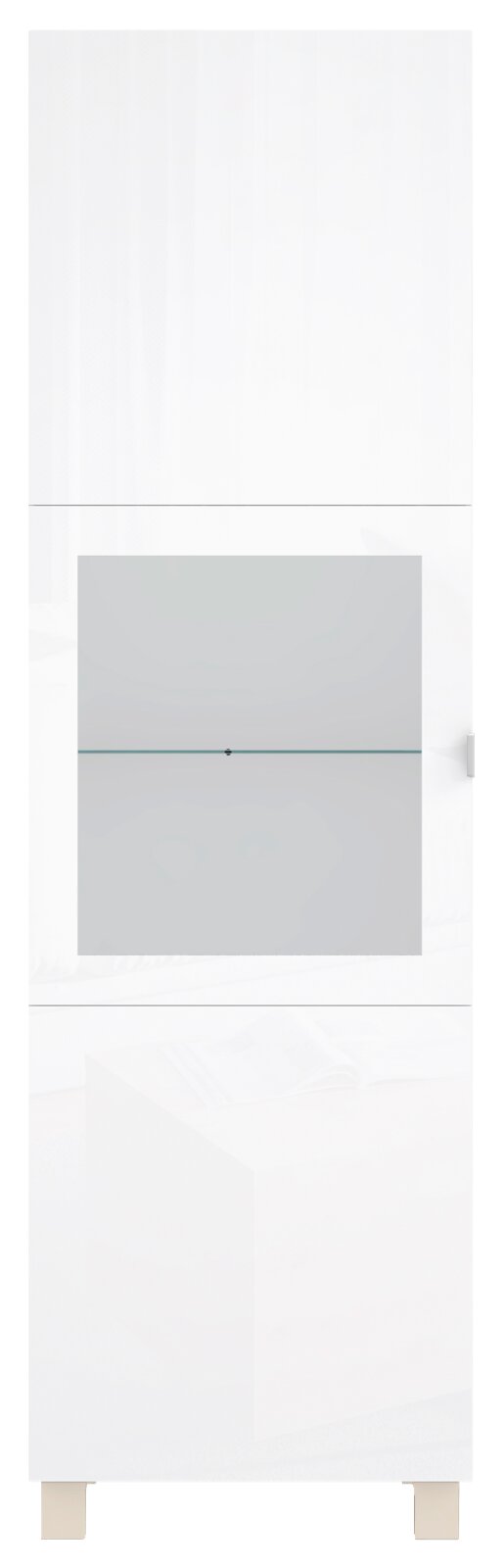 Weiße Vitrine mit Glaselementen, frontal fotografiert