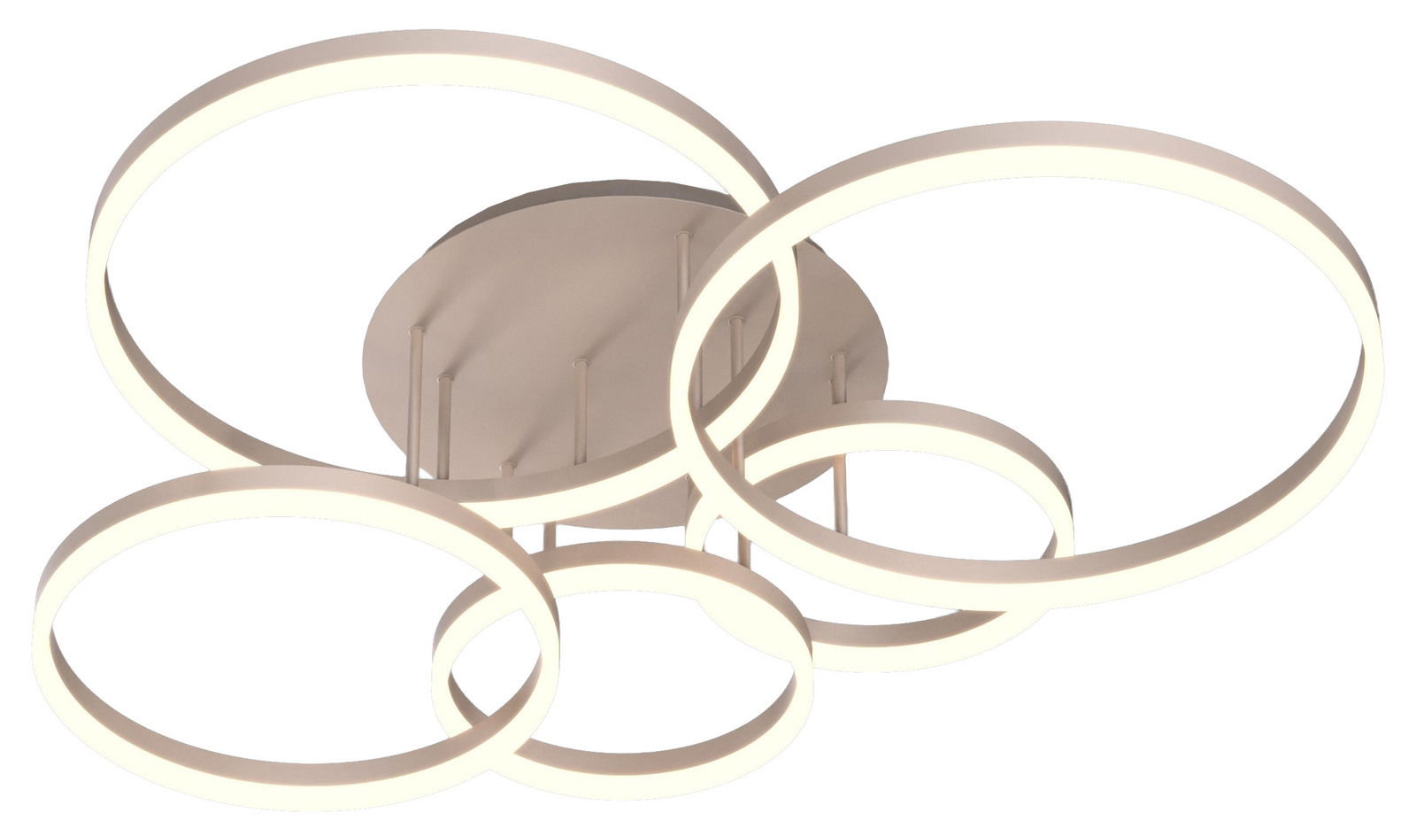 Moderne LED-Deckenleuchte mit mehreren leuchtenden Ringen, seitliche Perspektive