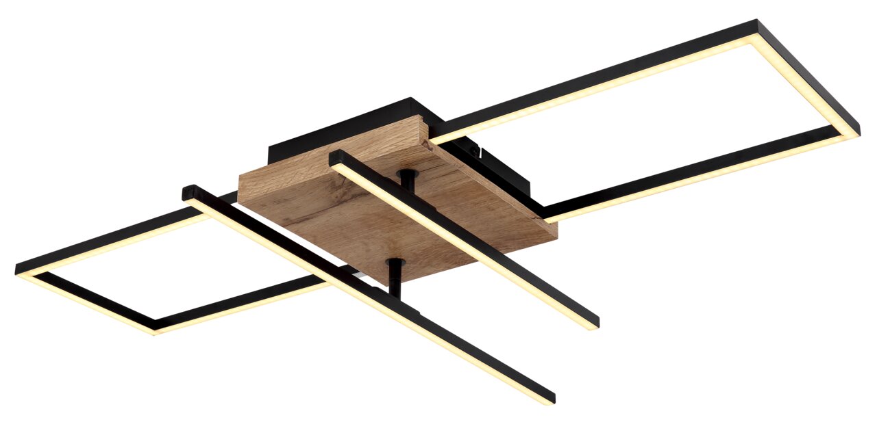 Moderne Deckenleuchte mit rechteckigem Holz- und Metallrahmen, seitliche Perspektive
