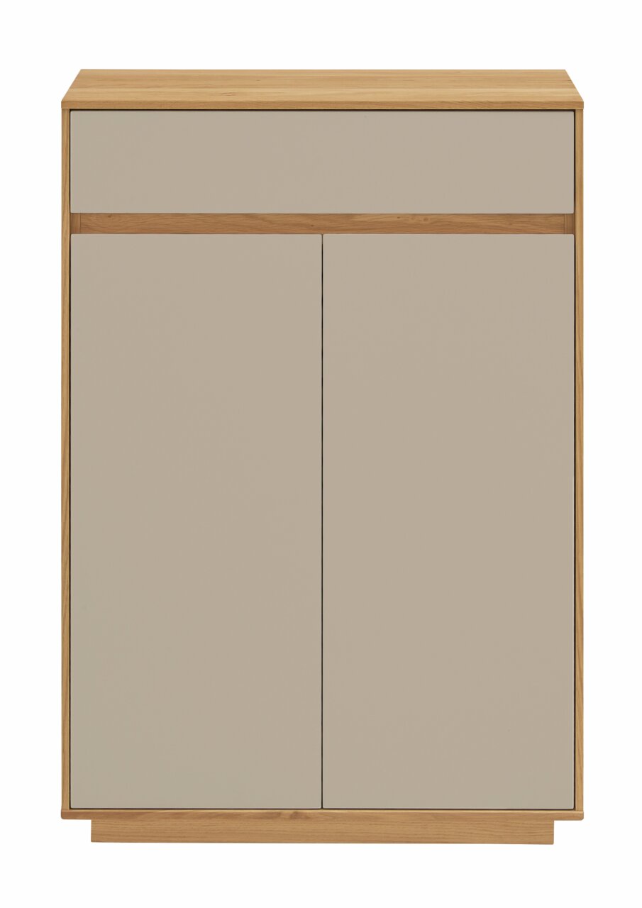 Moderner Schuhschrank aus Holz mit zwei Türen und einer Schublade, Frontalansicht