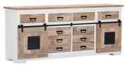 Rustikales Sideboard mit Schubladen und Schiebetüren aus Holz, Frontansicht