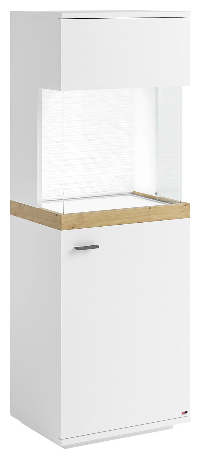 Weiße Vitrine mit Holzdetails, seitliche Perspektive