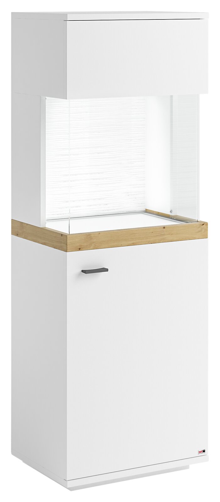 Weiße Vitrine mit Holzdetails, seitliche Perspektive