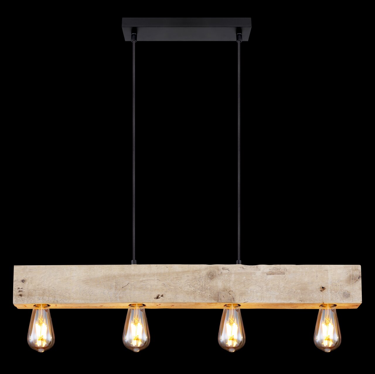 Hängeleuchte mit vier Glühbirnen, Holzdesign, Frontalansicht