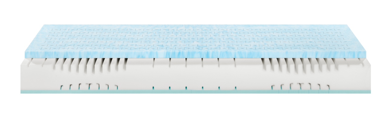 Seitenansicht einer Matratze 100x200 SOFT/MEDIUM mit blauer Oberfläche und weißem Kern mit Lüftungsschlitzen.