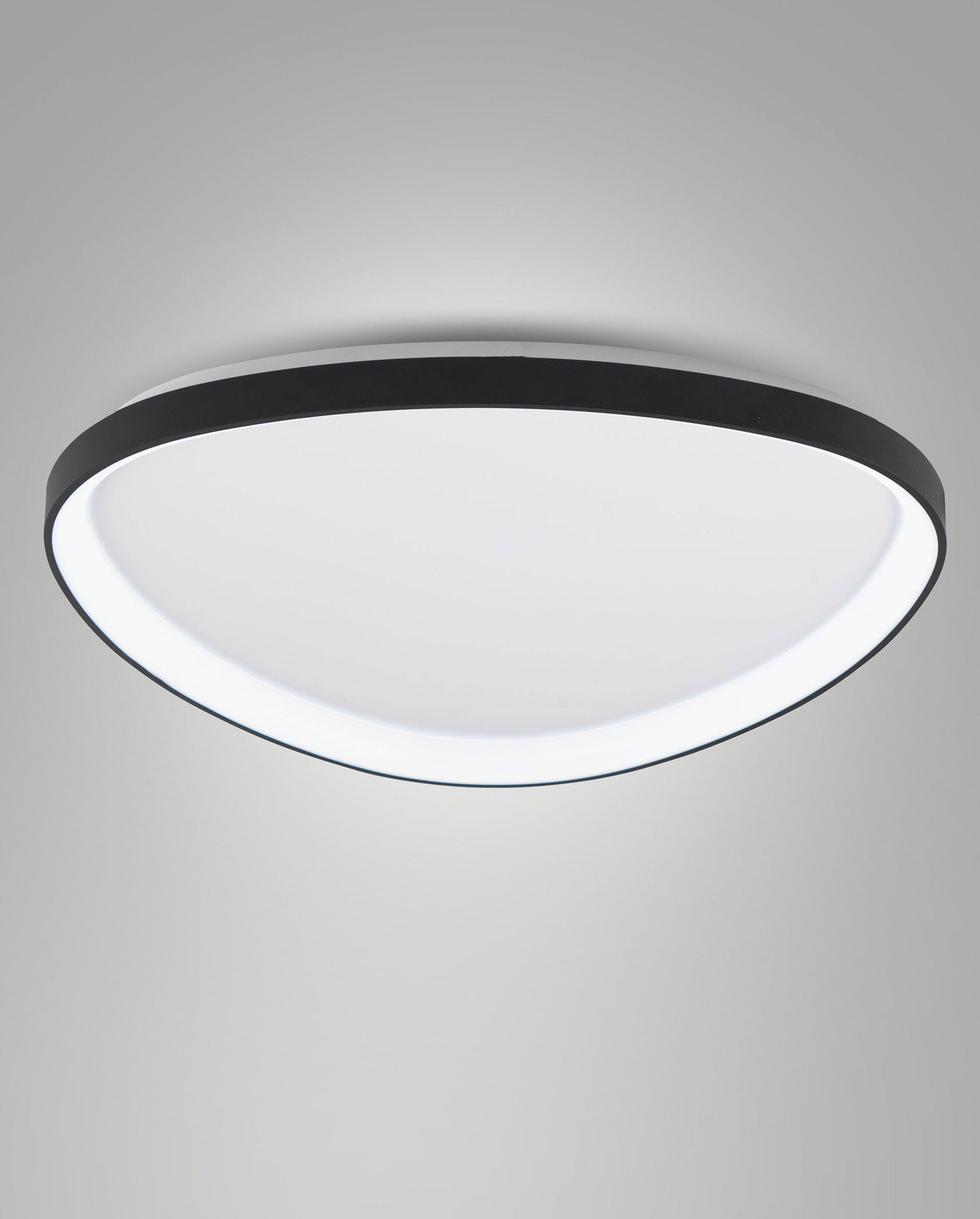 Moderne LED-Deckenleuchte in schwarzem Rahmen, seitliche Perspektive