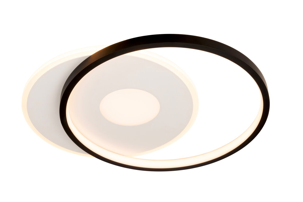 Moderne LED-Deckenleuchte in schwarzem Ringdesign, seitliche Perspektive