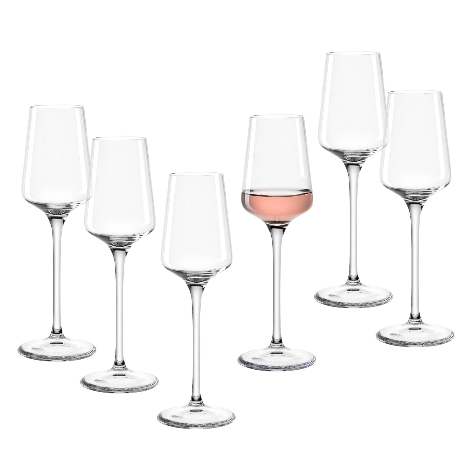 Sechsteiliges Set von eleganten Grappagläsern mit einem Glas teilweise gefüllt mit roséfarbenem Getränk, seitliche Perspektive.