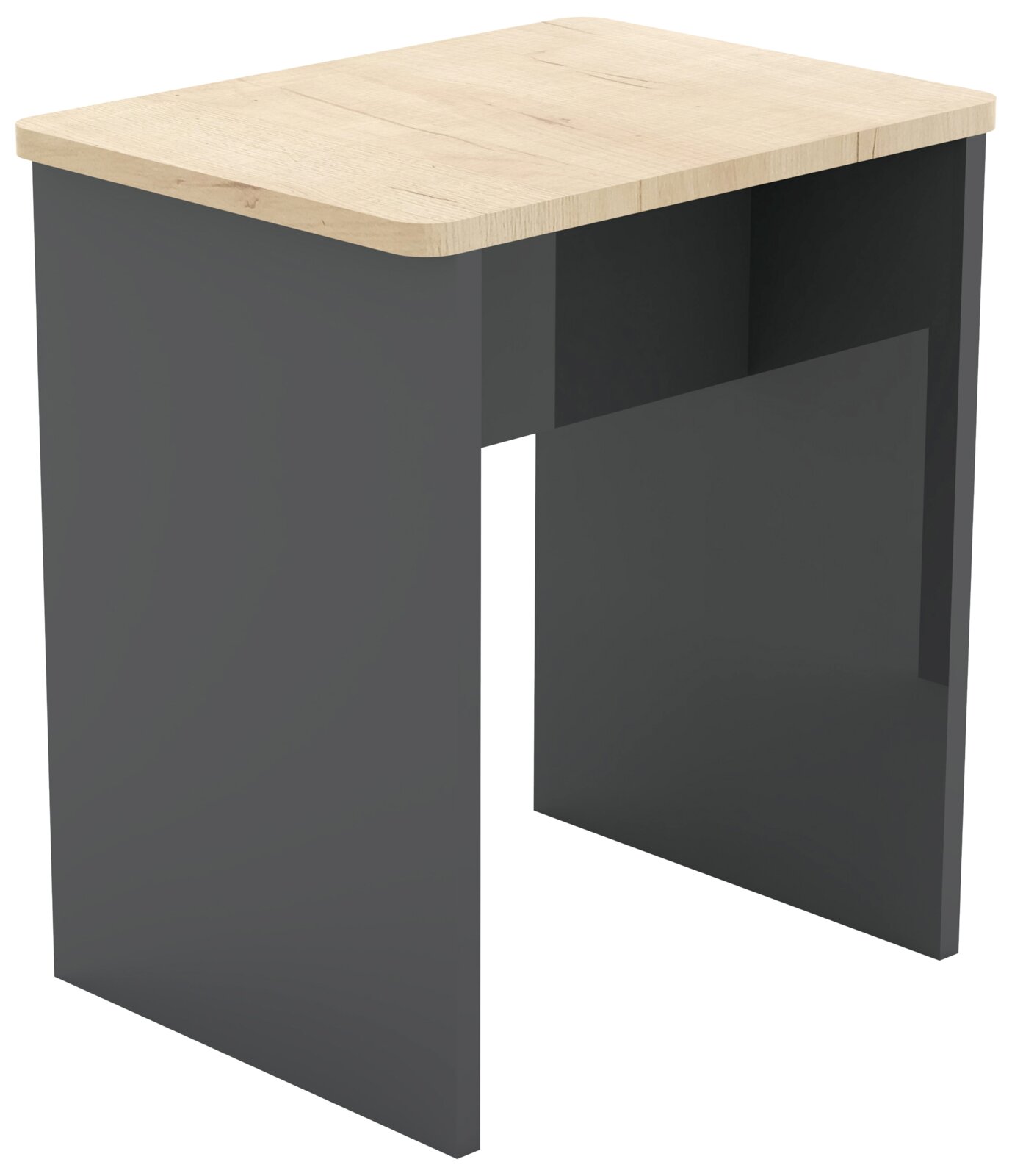 Moderner Schreibtisch mit heller Tischplatte in Holzoptik, abgerundeten Ecken und dunkelgrauem Gestell, perspektivisch von schräg vorne oben dargestellt.