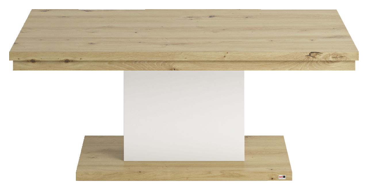 Moderner Couchtisch aus Holz mit rechteckiger Tischplatte und weißem Mittelteil, Frontalansicht