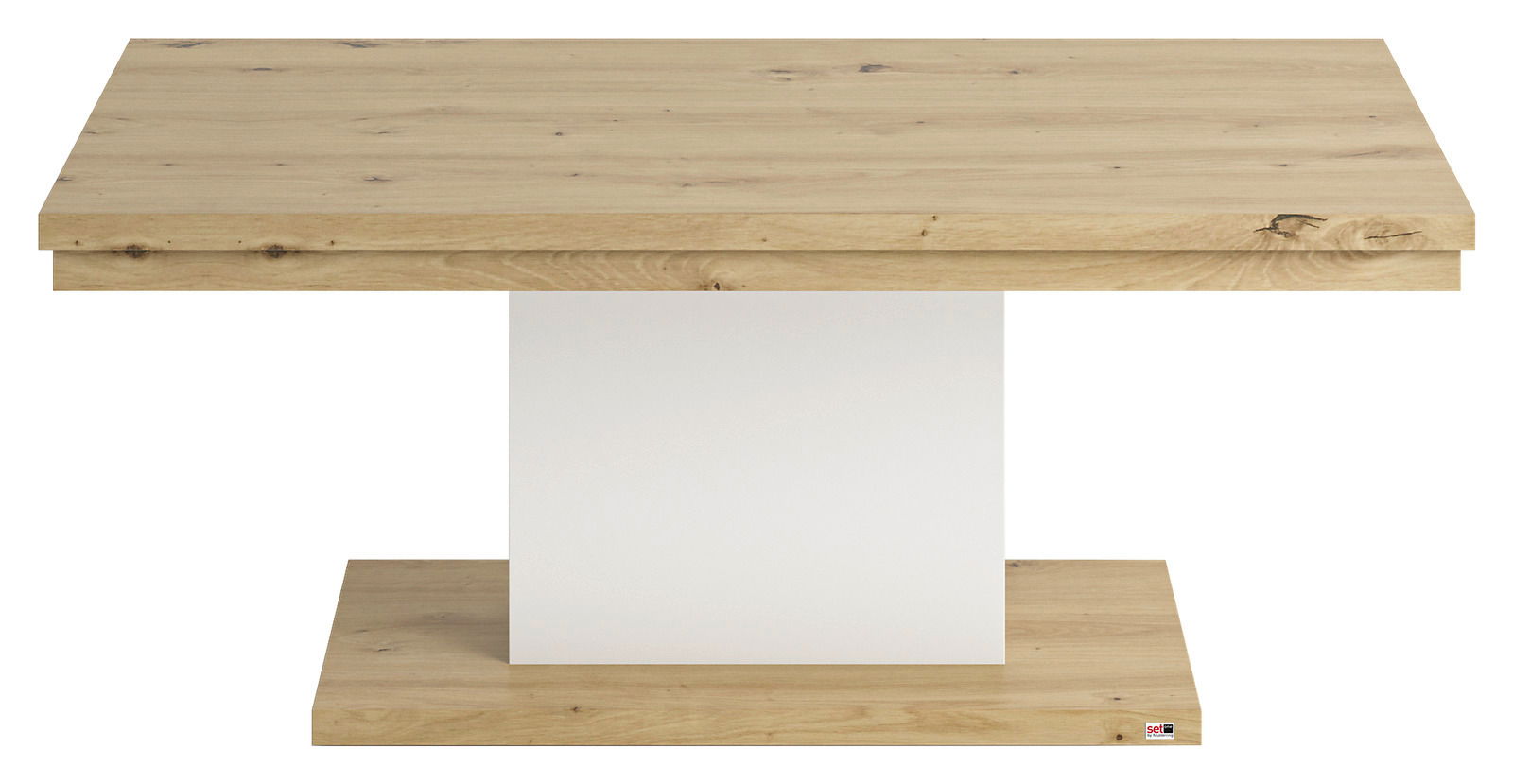 Moderner Couchtisch aus Holz mit rechteckiger Tischplatte und weißem Mittelteil, Frontalansicht