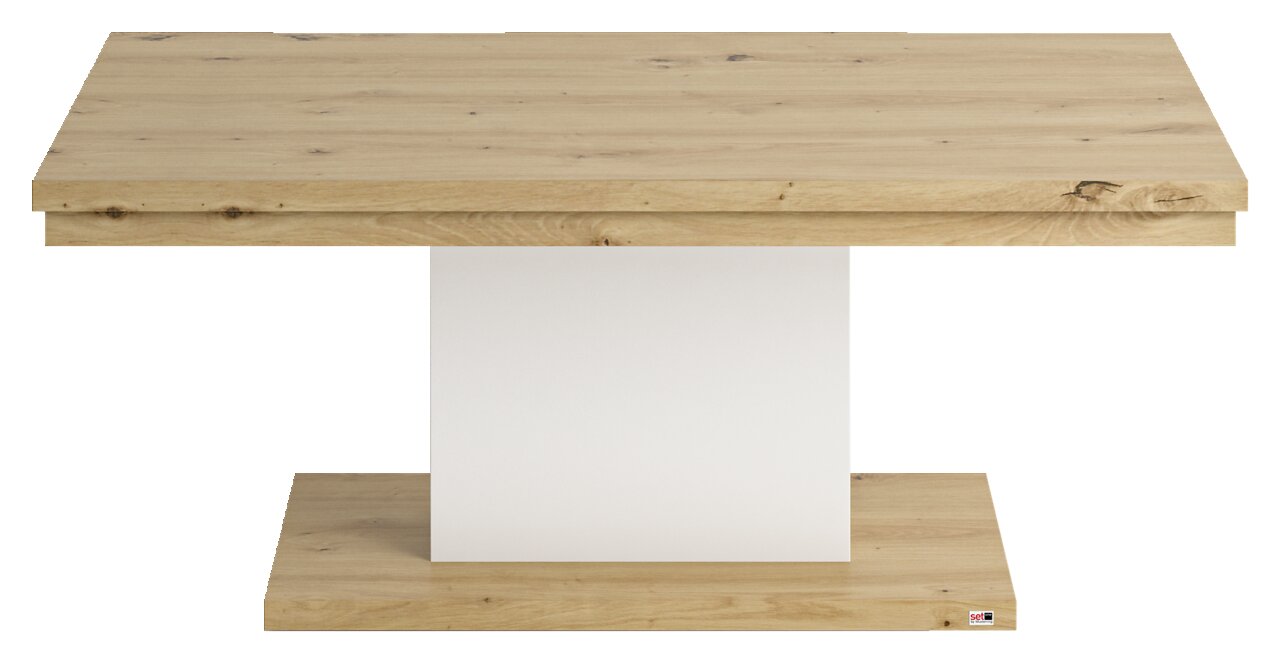 Moderner Couchtisch aus Holz mit rechteckiger Tischplatte und weißem Mittelteil, Frontalansicht