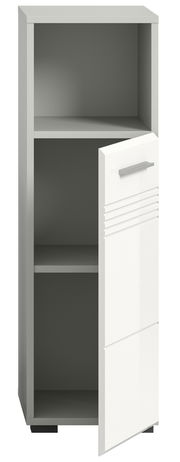 Moderner Standschrank mit offener Tür, graue und weiße Farbgebung, Frontalansicht