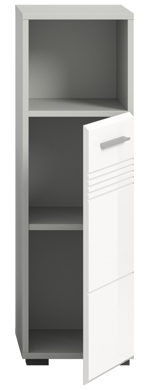 Moderner Standschrank mit offener Tür, graue und weiße Farbgebung, Frontalansicht