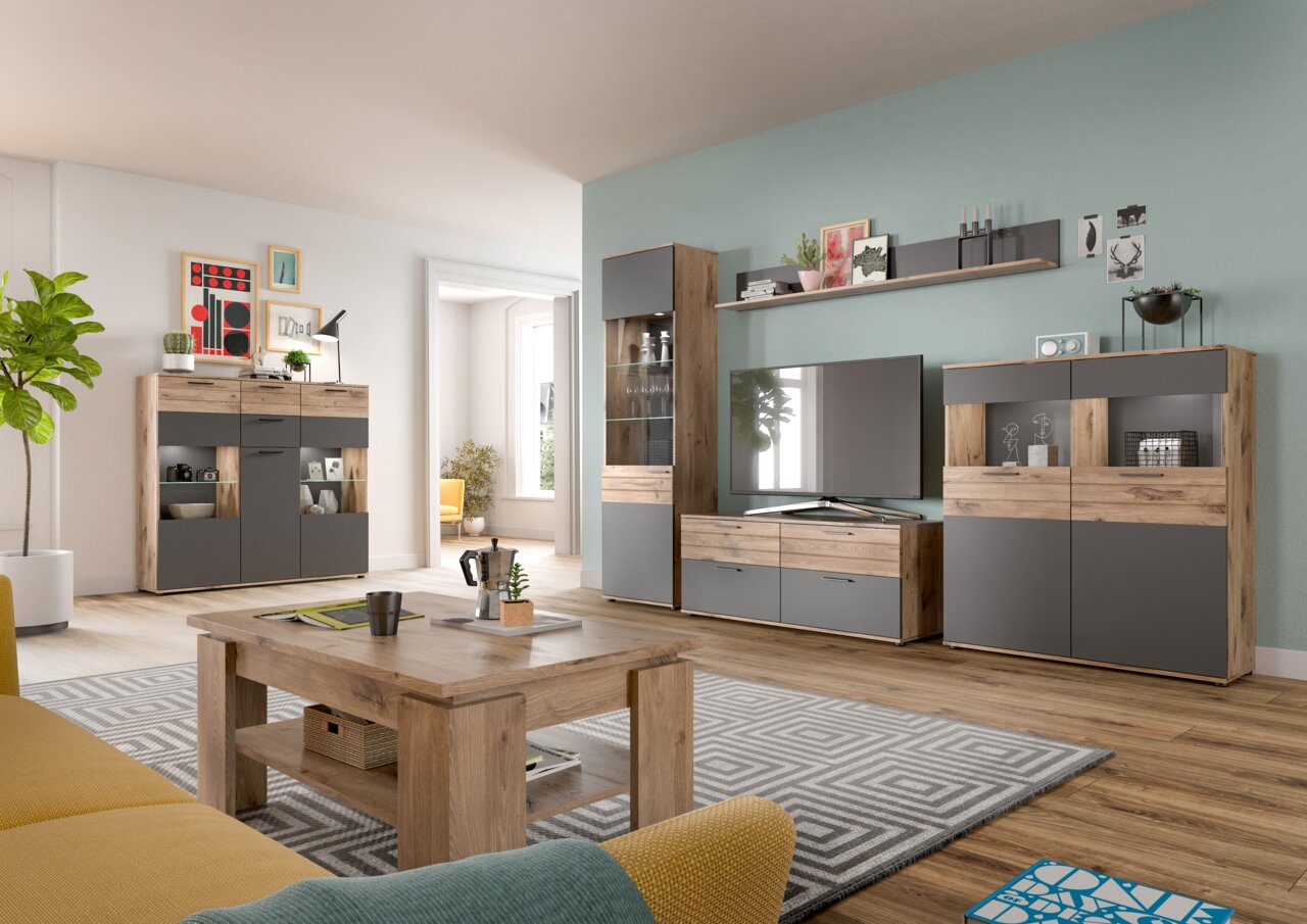 Modernes Highboard in einem stilvollen Wohnzimmer, Perspektive von vorne links.