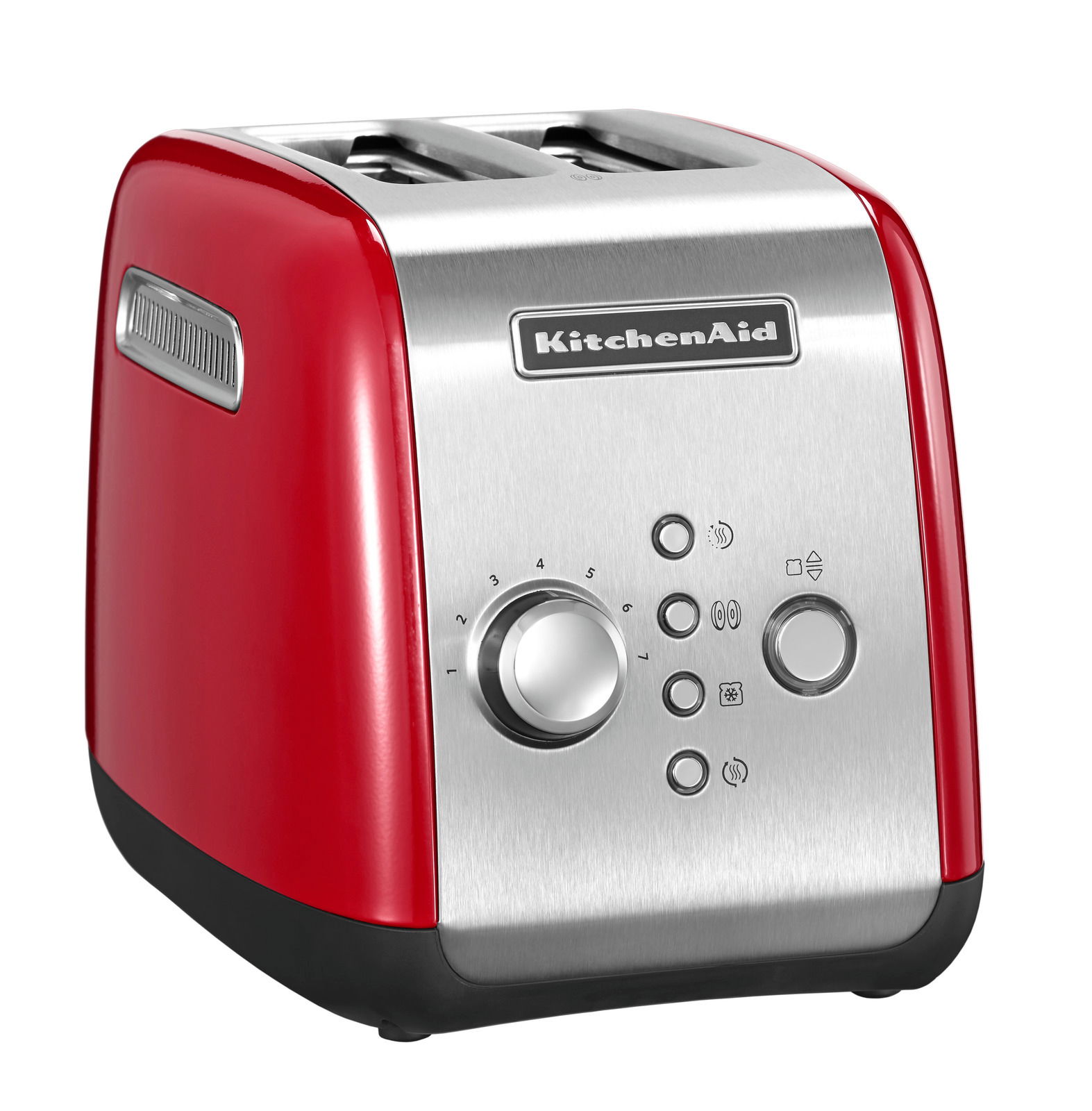 Roter KitchenAid 2-Scheiben-Toaster mit Edelstahlfront, seitliche Perspektive