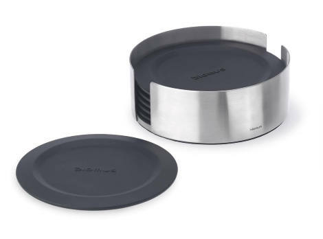 blomus Untersetzer 6er-Set LARETO Untersetzer 6er-Set LARETO aus Edelstahl und schwarzem Material, eine Perspektive zeigt einen Untersetzer außerhalb des Halters.